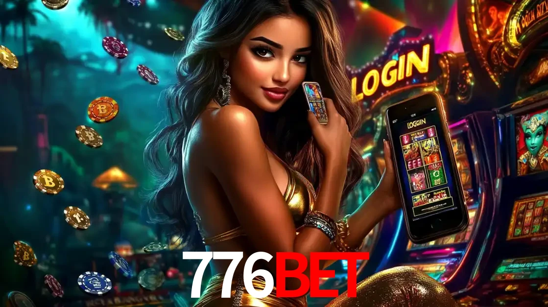 Mulher em um cenário de cassino temático de aventura, mostrando o app de caça-níqueis da 776BET no celular. Fichas de apostas flutuam ao redor.