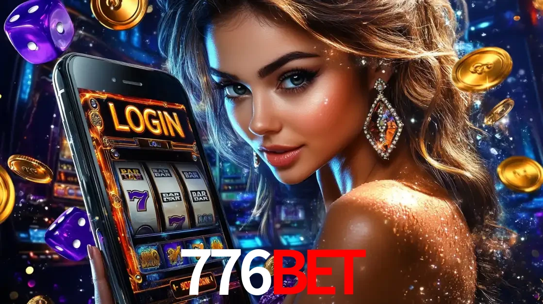Mulher glamorosa segurando um smartphone com a tela de login para os jogos de caça-níqueis do cassino online 776BET, com moedas de ouro e dados ao redor.