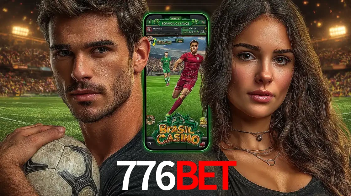 Homem segurando uma bola de futebol e uma mulher ao lado de um smartphone exibindo o jogo de apostas esportivas da 776BET. Faça seu palpite no cassino online.